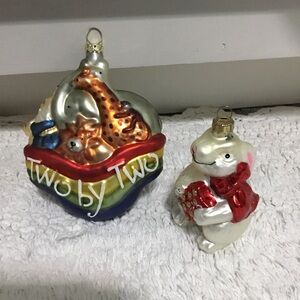 2 Blown Glass Ornaments Noahs Ark and Bunny Holding Present Wearing Bow
